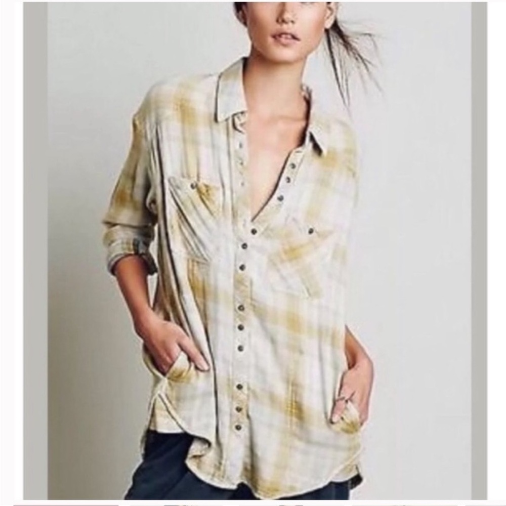 Free People Plaid Button Down Shirt in Beige and Olive Size Small 100% Cotton